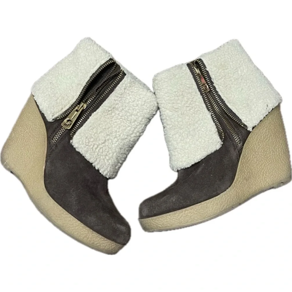 NEW Michael Kors Wedge Boots Suede Leather & Sherpa w/ Zipper Detail